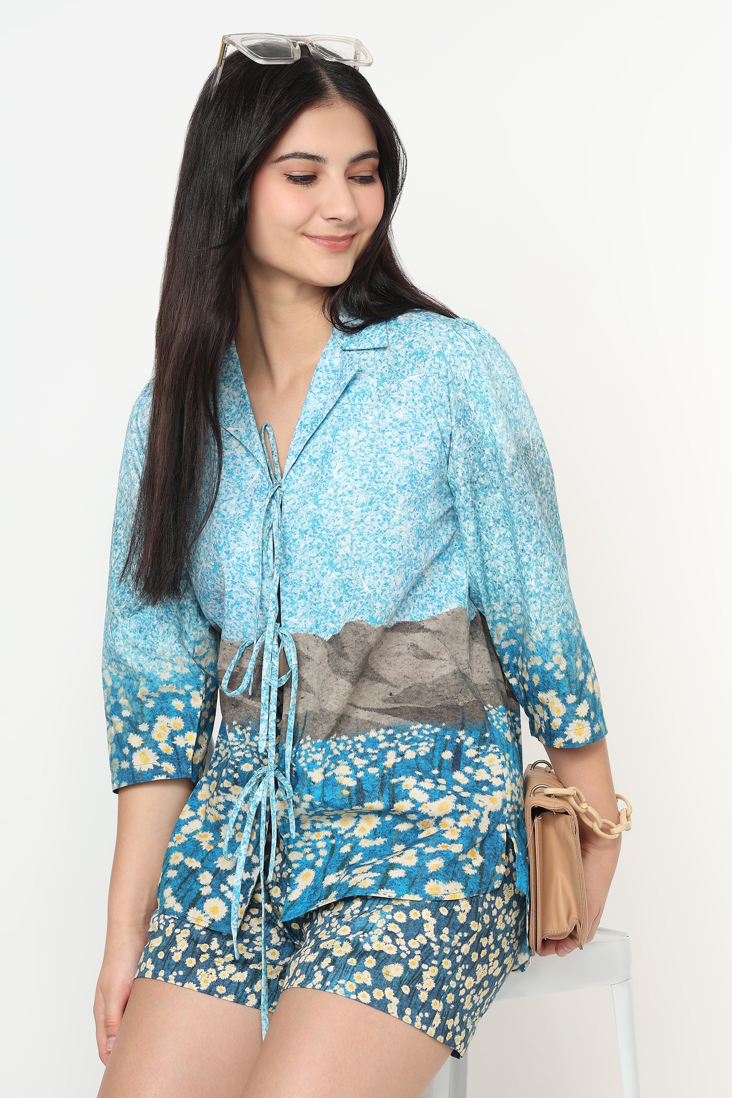 Blue Daisy Bloom Shirt With Skort Set