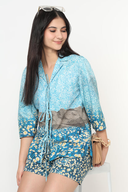 Blue Daisy Bloom Shirt With Skort Set