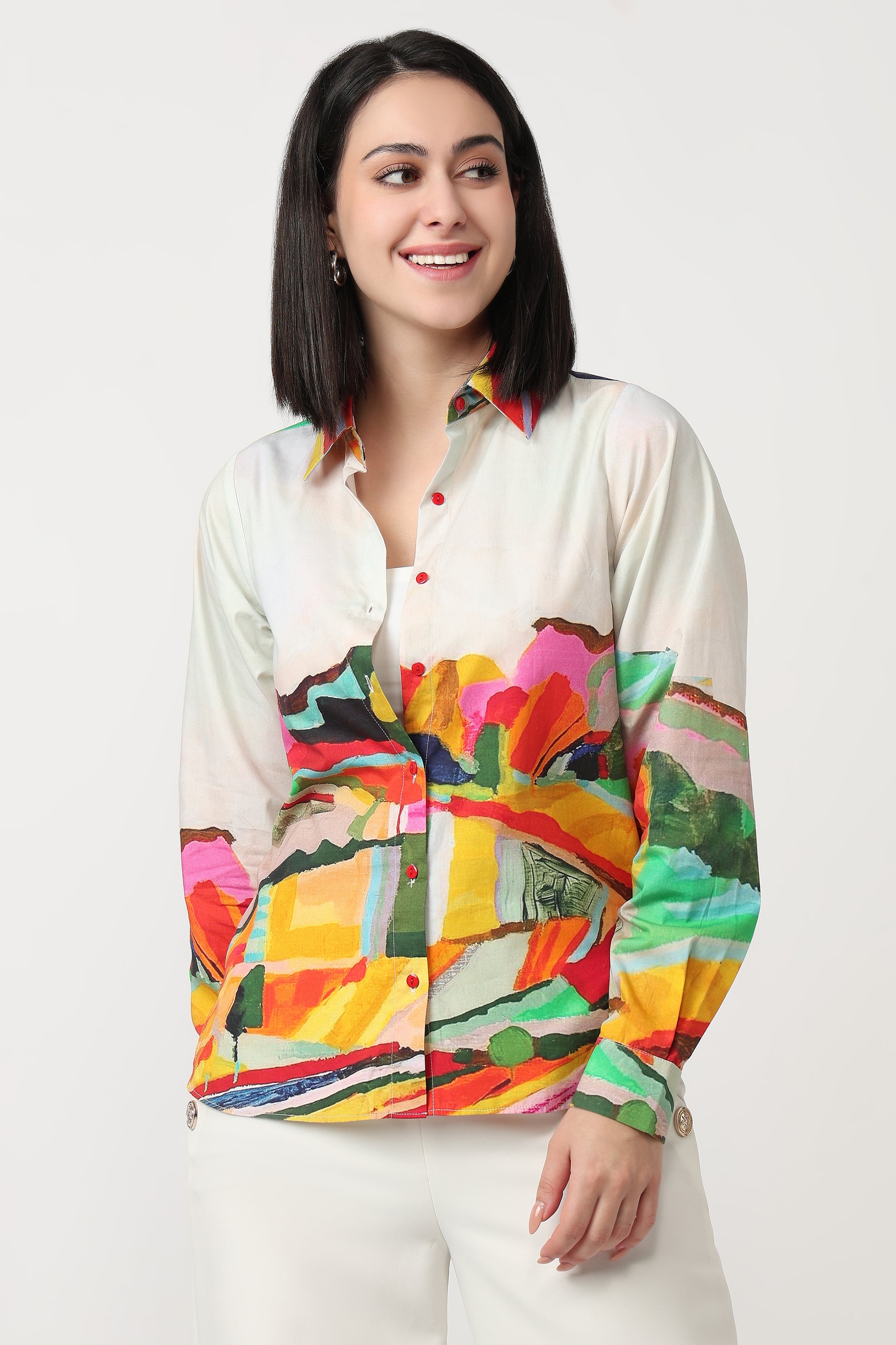 Canvas Rush colourful abstract print shirt for women with back zip detail