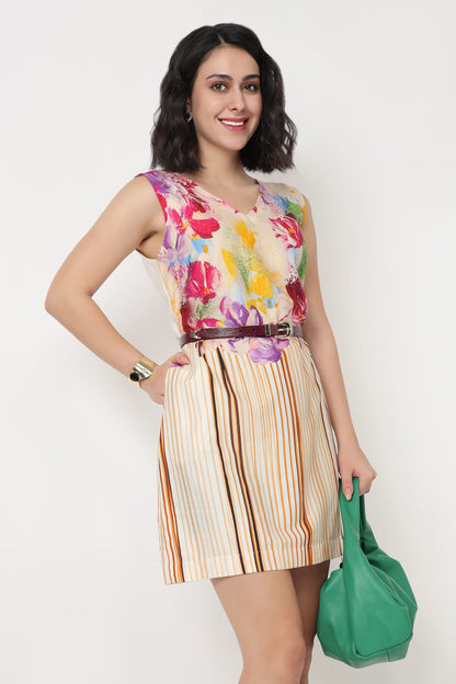 A woman wearing a sleeveless V-neck dress with a colourful floral print and vertical stripes on the bodice and, paired with black heels, against a plain light grey background.