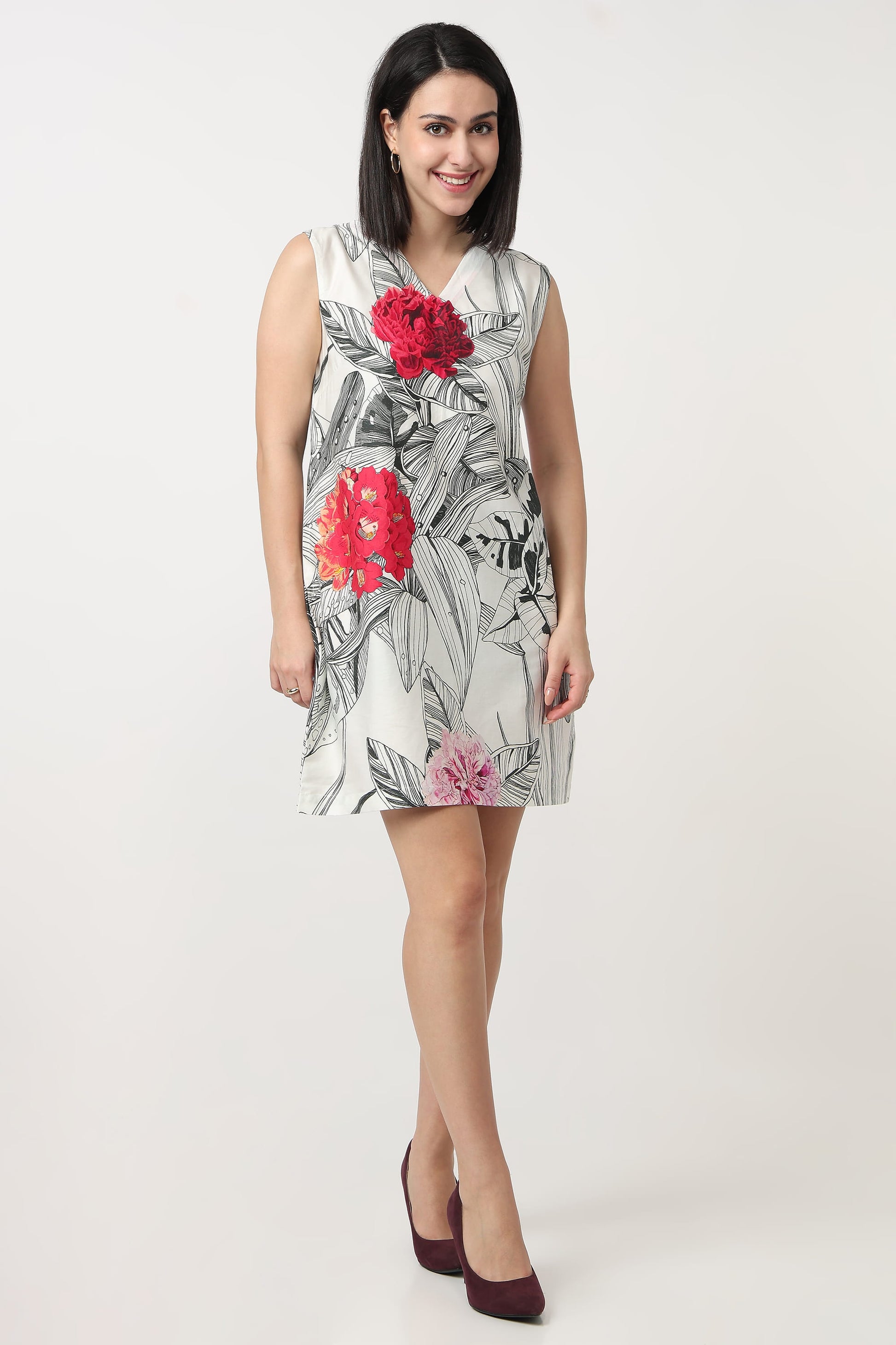 Crimson Botanica printed short dress for women with red blooms on monochrome sketch print