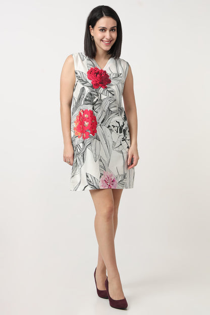 Crimson Botanica printed short dress for women with red blooms on monochrome sketch print