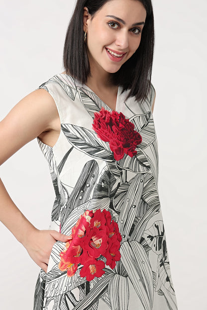 Crimson Botanica printed short dress for women with red blooms on monochrome sketch print