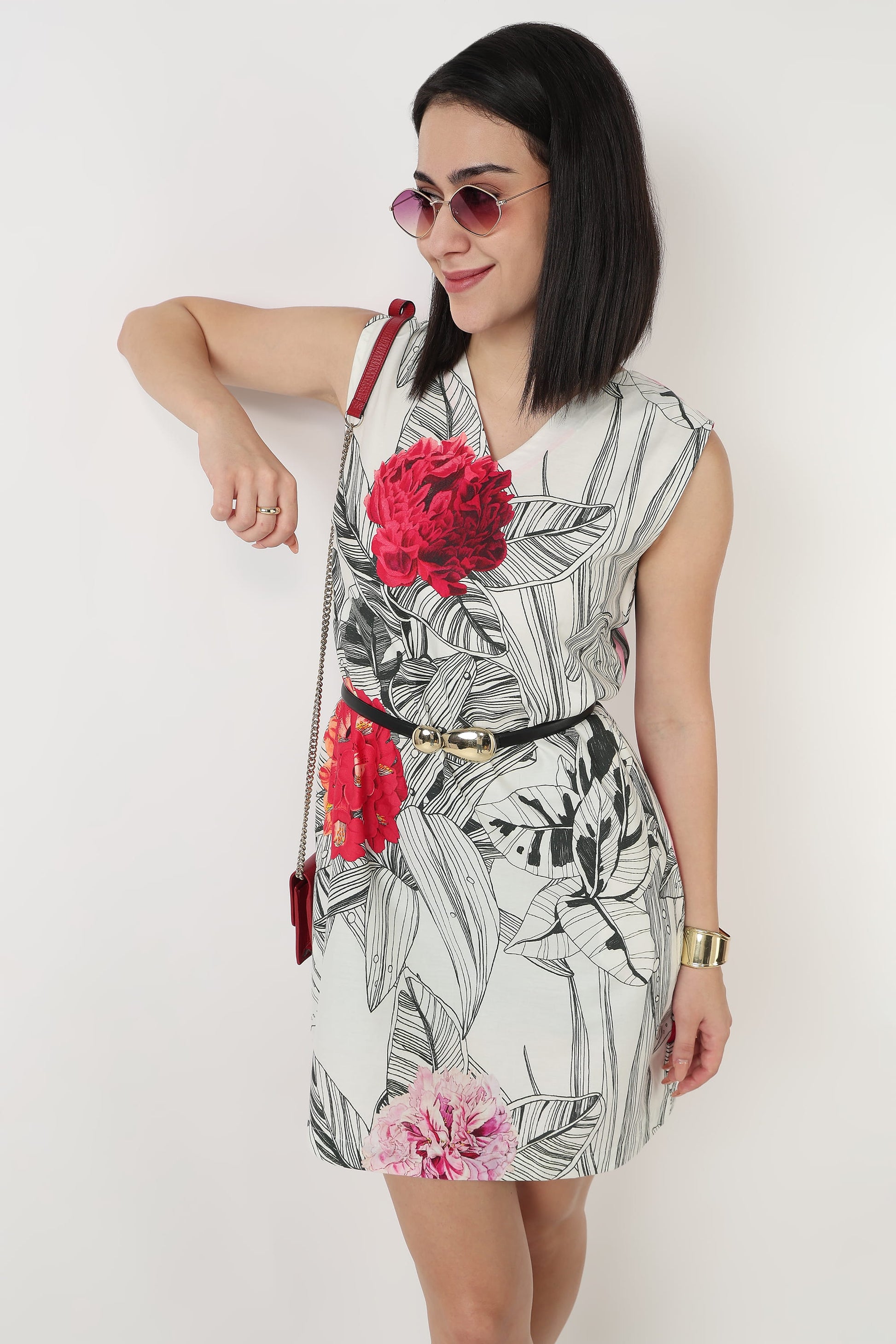 Crimson Botanica printed short dress for women with red blooms on monochrome sketch print