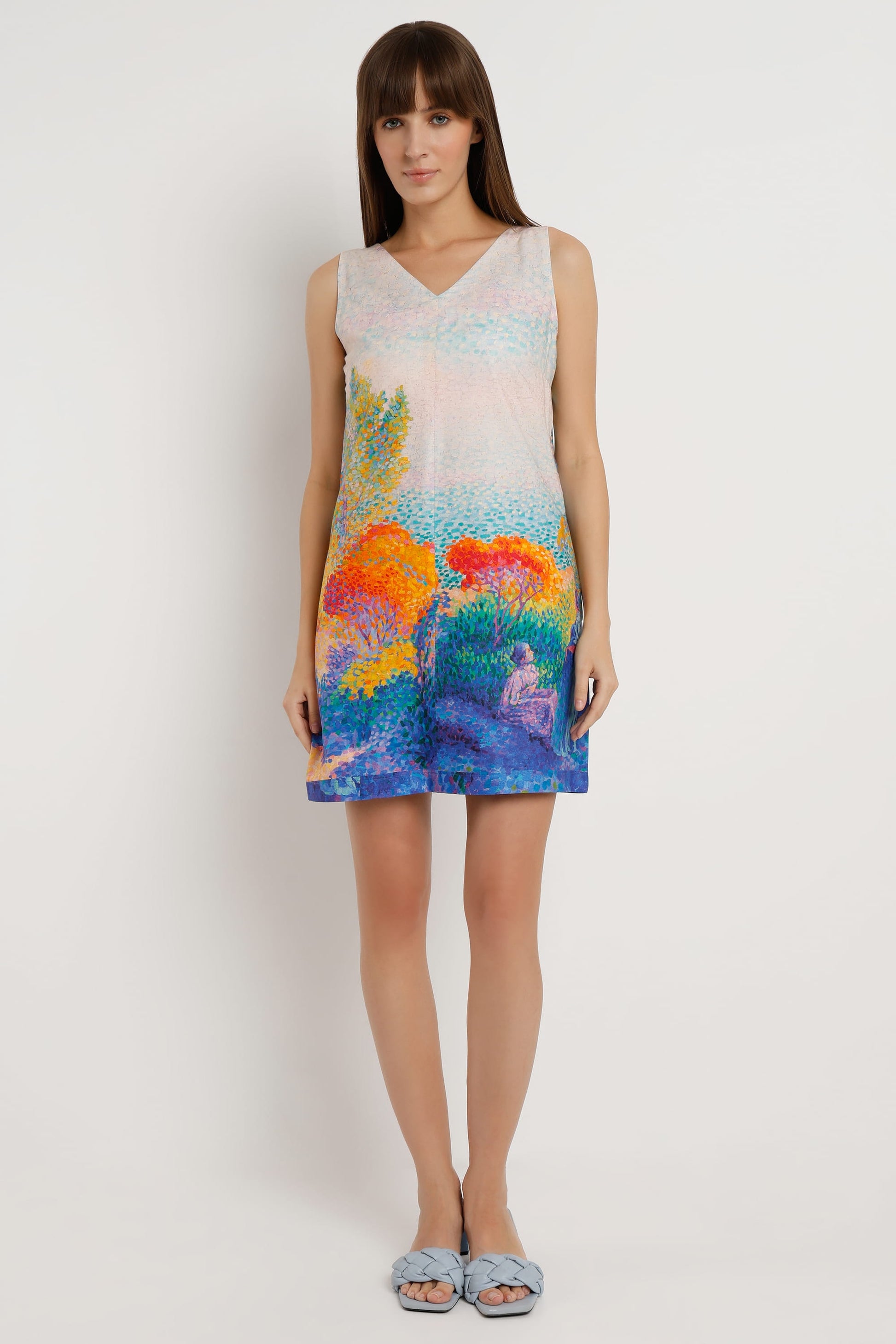 Daydream Muse printed sleeveless cotton satin short dress