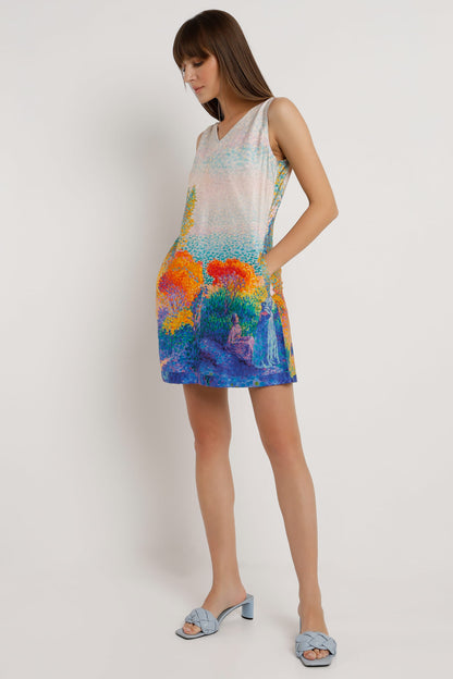 Daydream Muse printed sleeveless cotton satin short dress