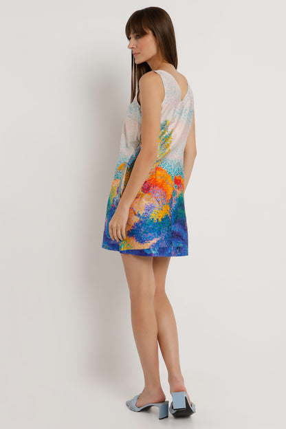 Daydream Muse printed sleeveless cotton satin short dress