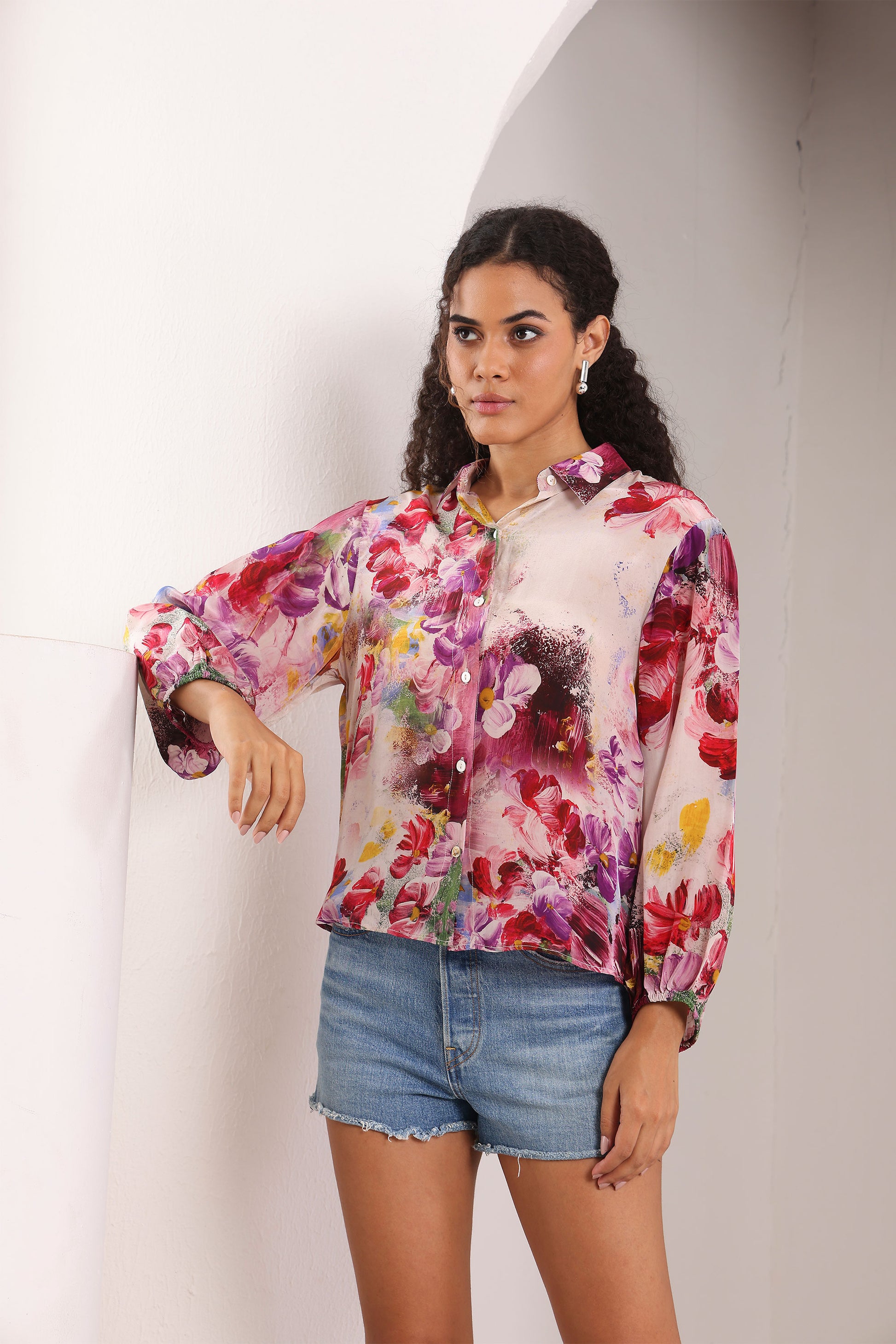 Dream In Petals floral printed natural crepe shirt for women
