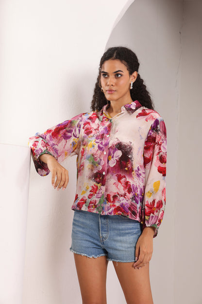 Dream In Petals floral printed natural crepe shirt for women