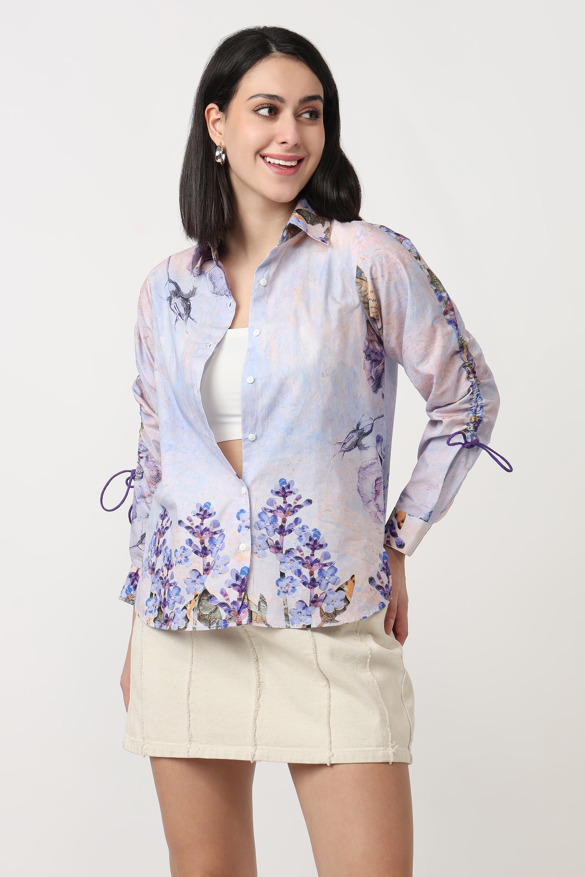 Lavender Whisper floral watercolour print shirt with gathered knot sleeves
