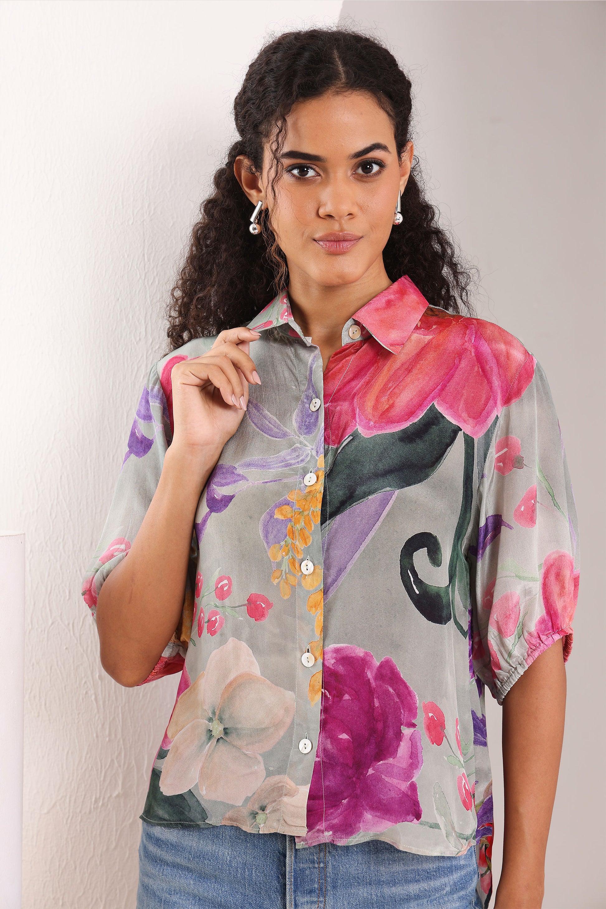 Misty Bloom floral printed natural crepe shirt for women with 3/4 sleeves