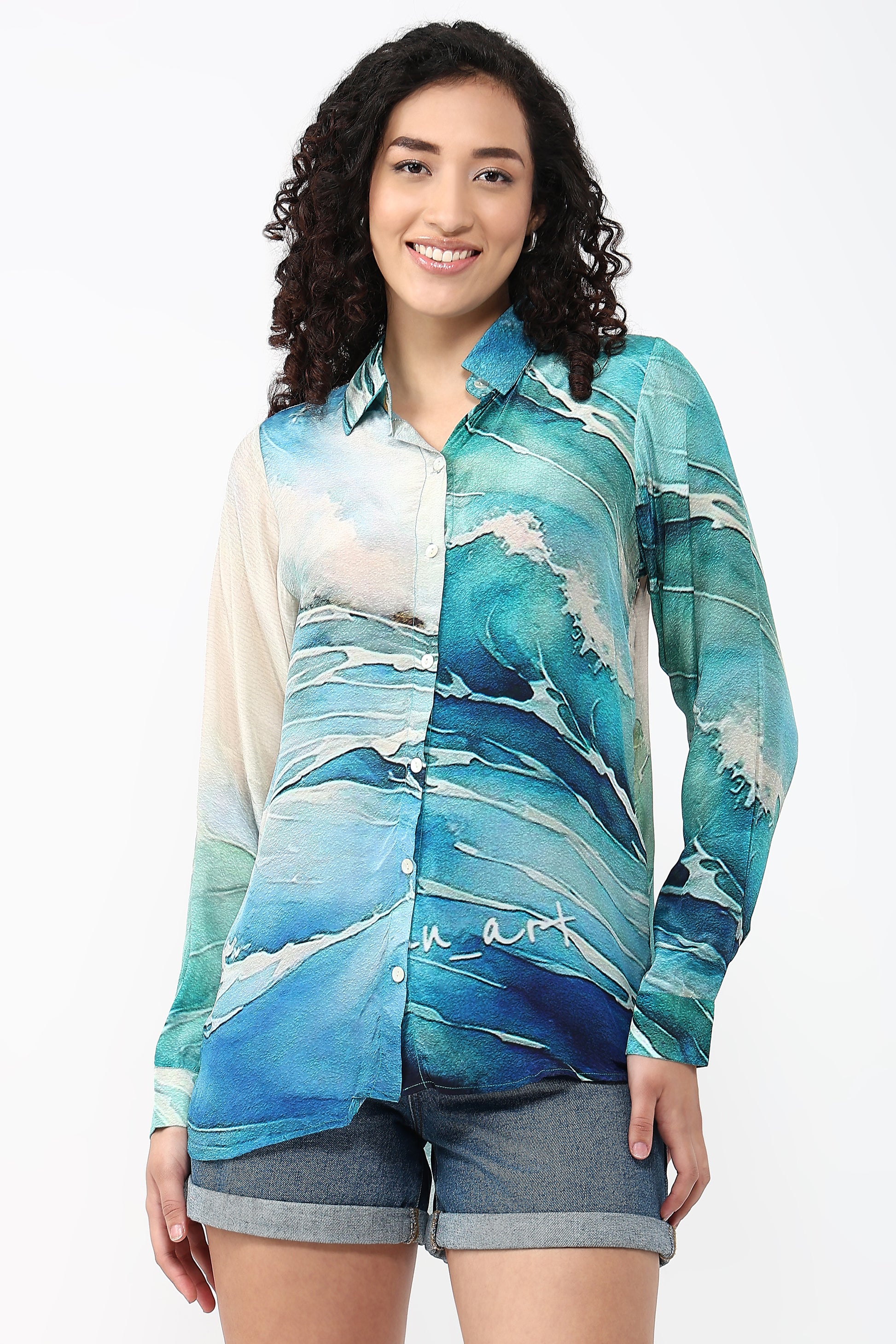 Ocean Tangle printed natural crepe shirt for women with floral print in ocean hues