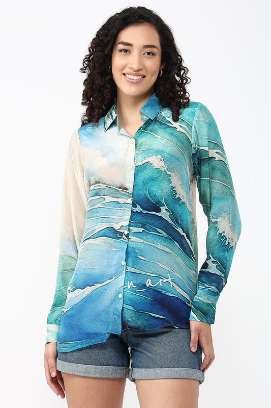 Ocean Tangle printed natural crepe shirt for women with floral print in ocean hues