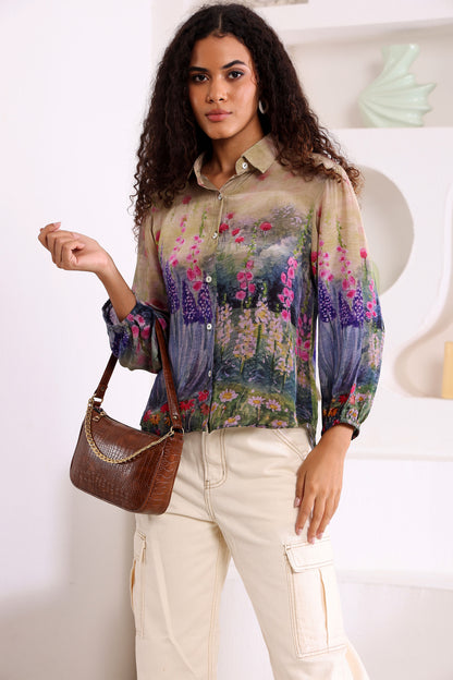 Pastel Forest printed natural crepe shirt for women in muted pastel tones