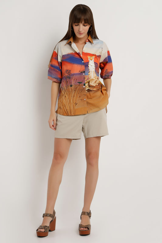 Savannah Glow warm-toned printed cotton shirt for women