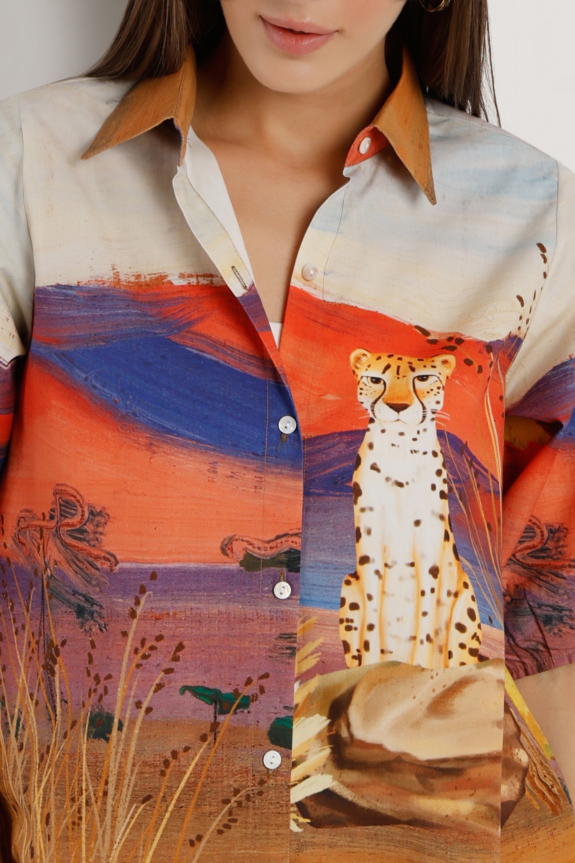 Colorful shirt with cheetah and landscape design