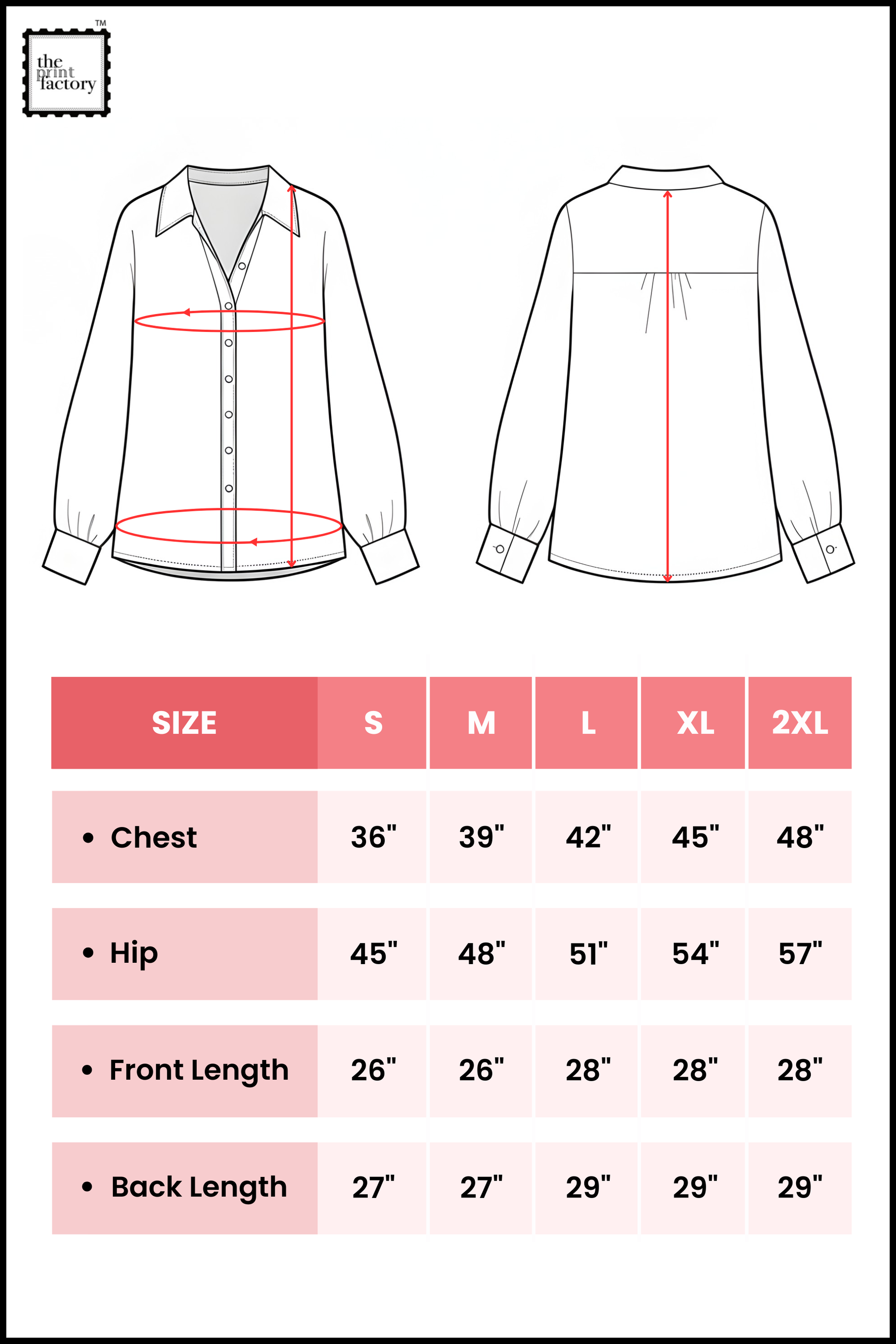 Measurement chart for a shirt with size chart on a white background