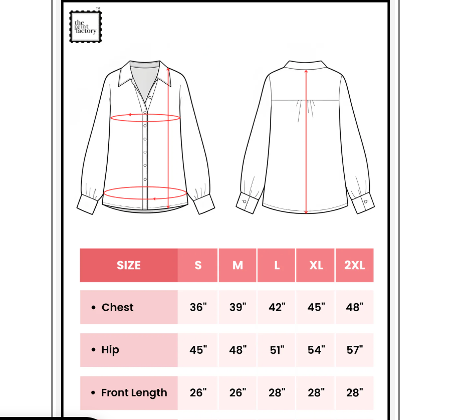 A size chart diagram for a long-sleeve button-up shirt, showing front and back line drawings with red measurement guides, plus a size table from S to 2XL with chest, hip, and front length measurements. The brand name 'The Miss Mignon' appears in the top left.