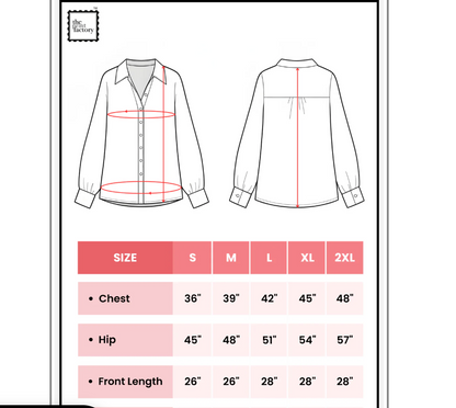 A size chart diagram for a long-sleeve button-up shirt, showing front and back line drawings with red measurement guides, plus a size table from S to 2XL with chest, hip, and front length measurements. The brand name 'The Miss Mignon' appears in the top left.