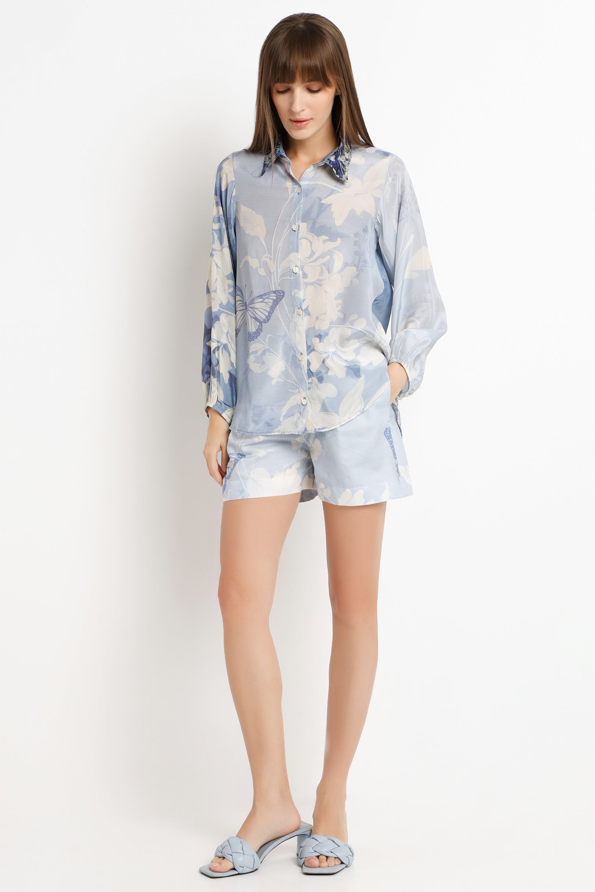 Sky Blossoms printed natural crepe shirt for women with blossom print