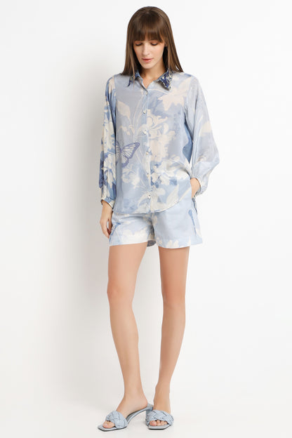 Sky Blossoms printed natural crepe shirt for women with blossom print