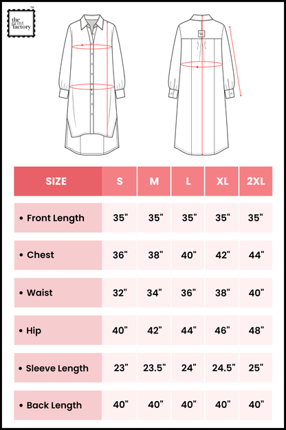 The Print Factory size and measurement chart for women's shirts