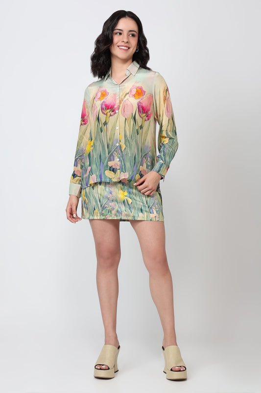 Woman wearing a floral dress on a white background