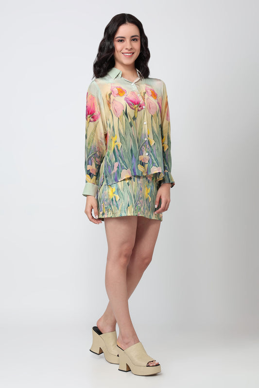 Woman wearing a floral dress with a white background