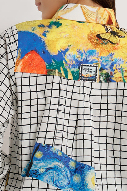 Shirt with abstract art design and brand label on a white background