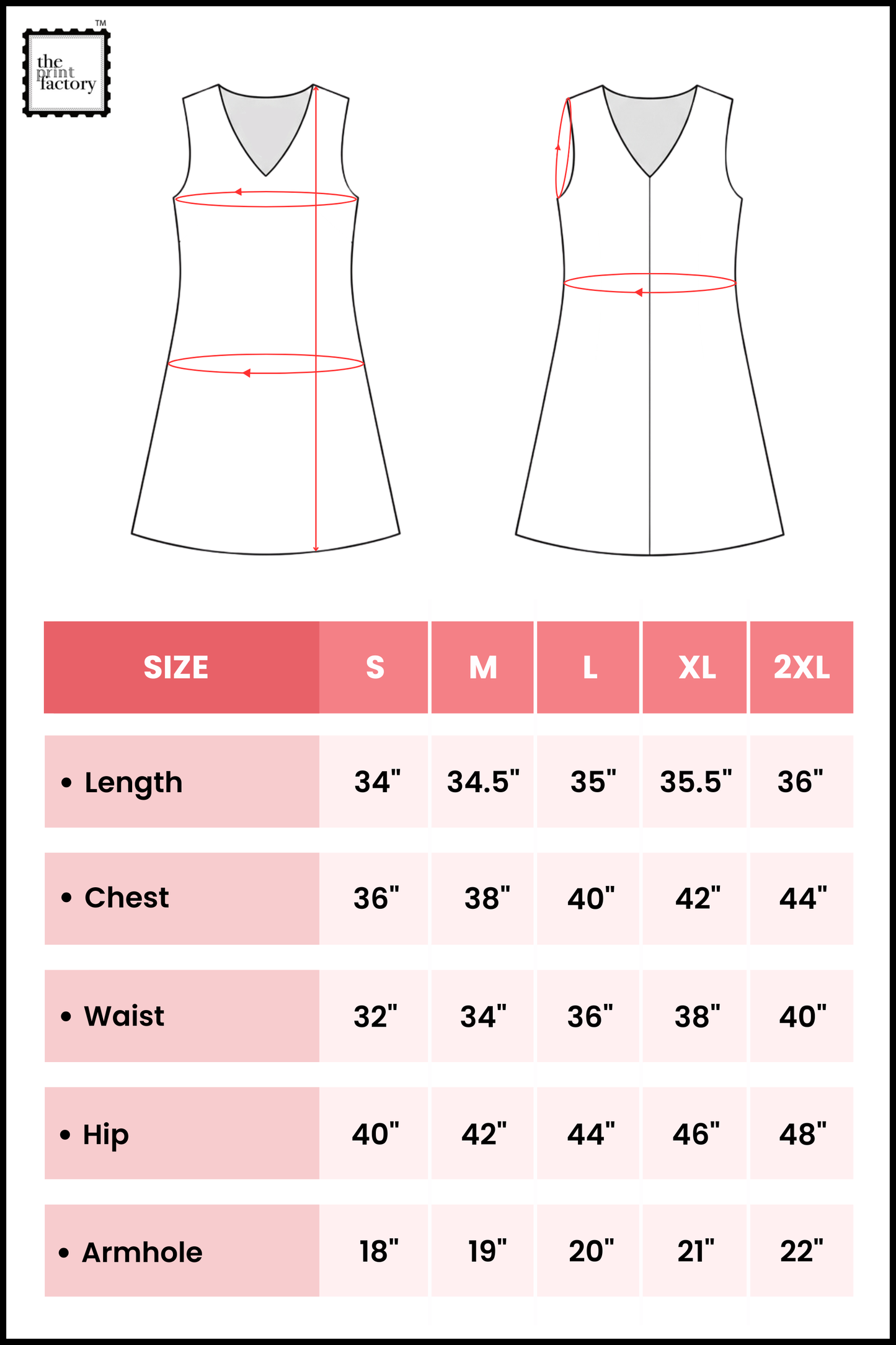 Measurement chart for a sleeveless dress with size chart on a white background