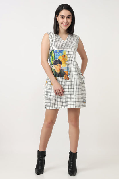 Starry Muse painterly print short dress with V-neck and pockets