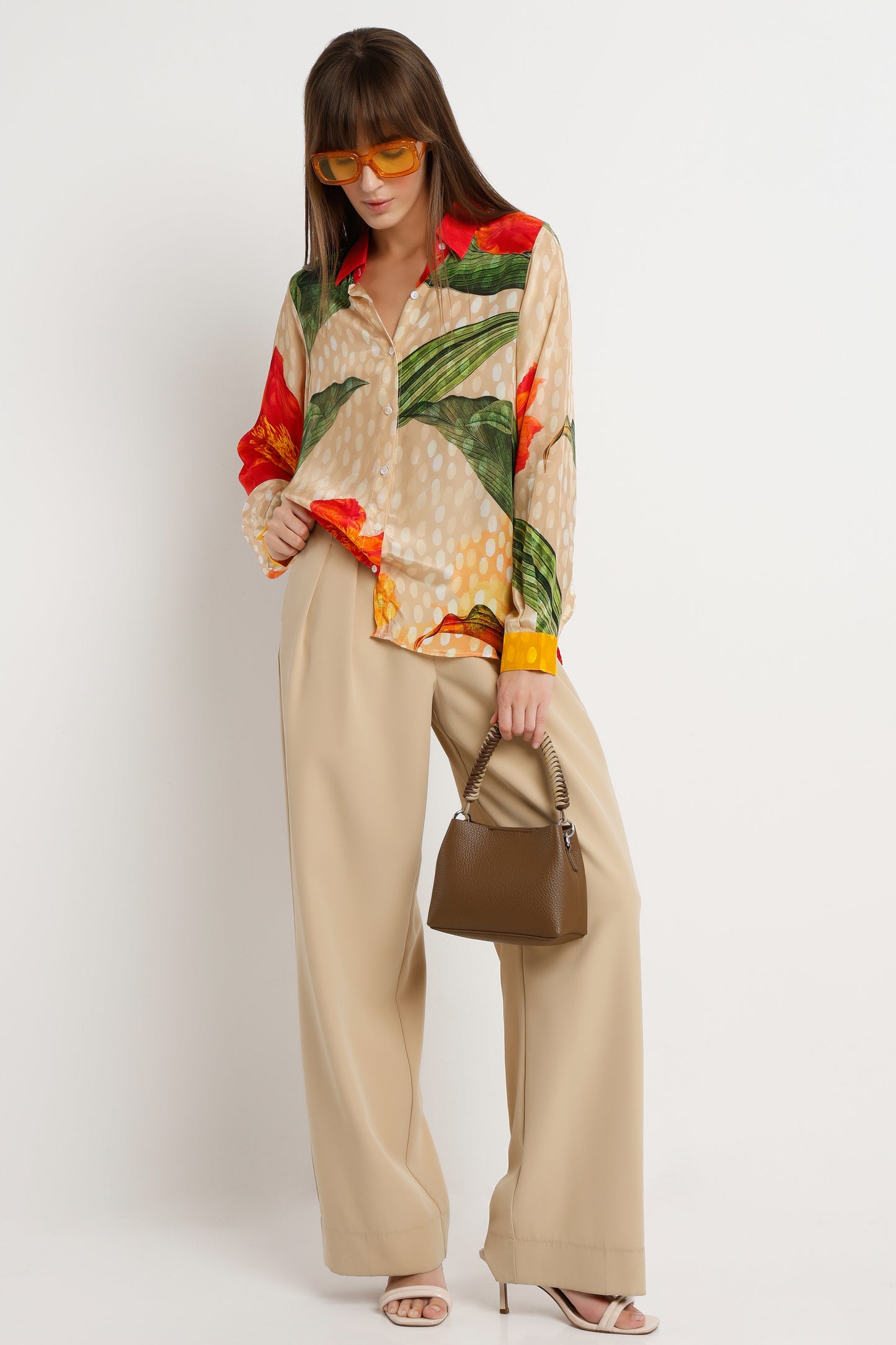 Sunlit Garden printed natural crepe shirt for women with sunlit floral print