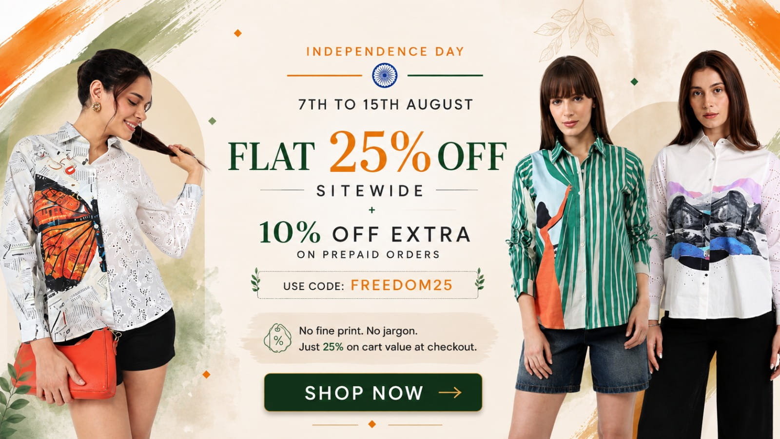 Promotional banner for Independence Day sales featuring three female models wearing fashion shirts. The left model wears a white shirt with a large orange butterfly print and holds an orange clutch.
