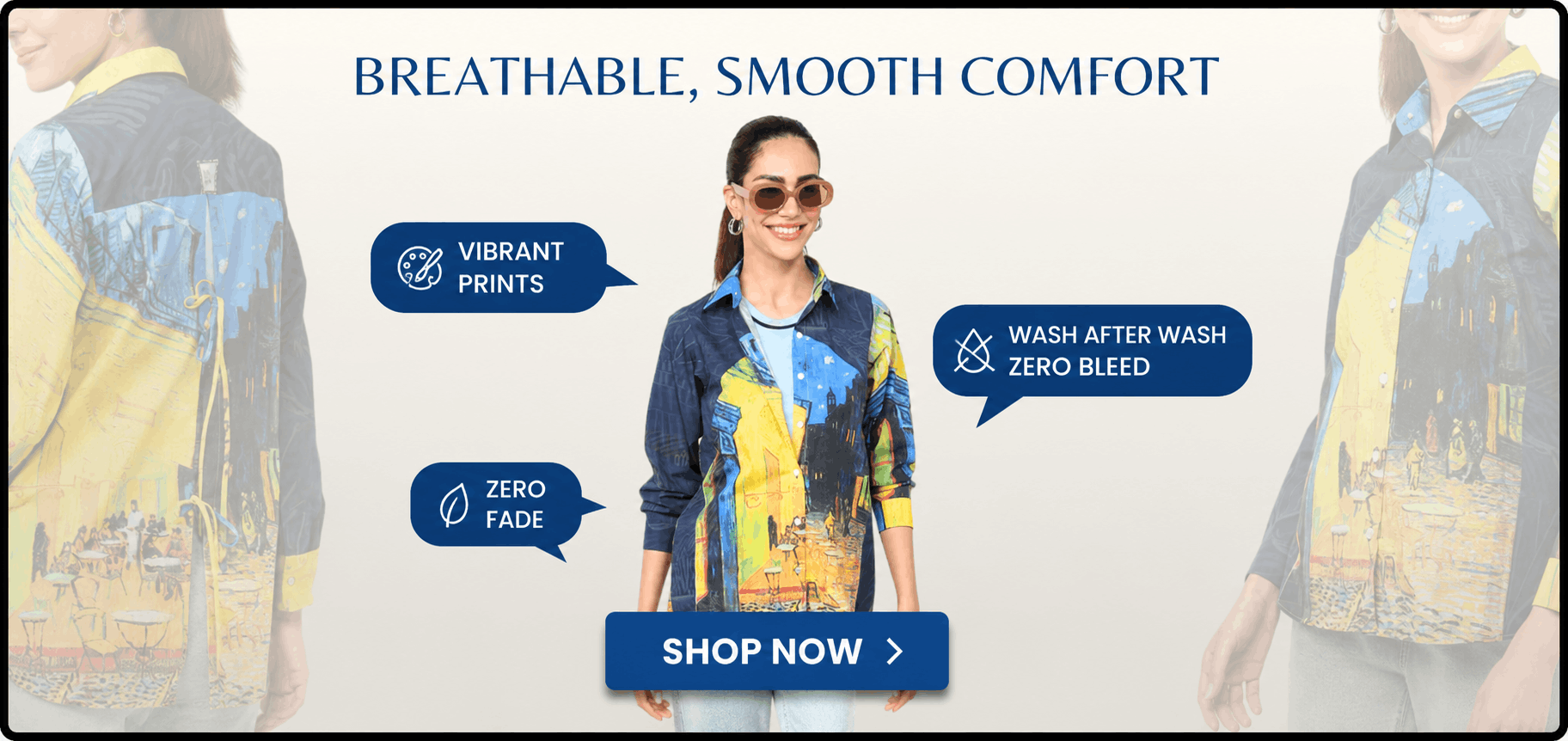 A promotional banner for a printed shirt-jacket. A woman is shown in the center wearing the garment, with side panels showing the back and front details.