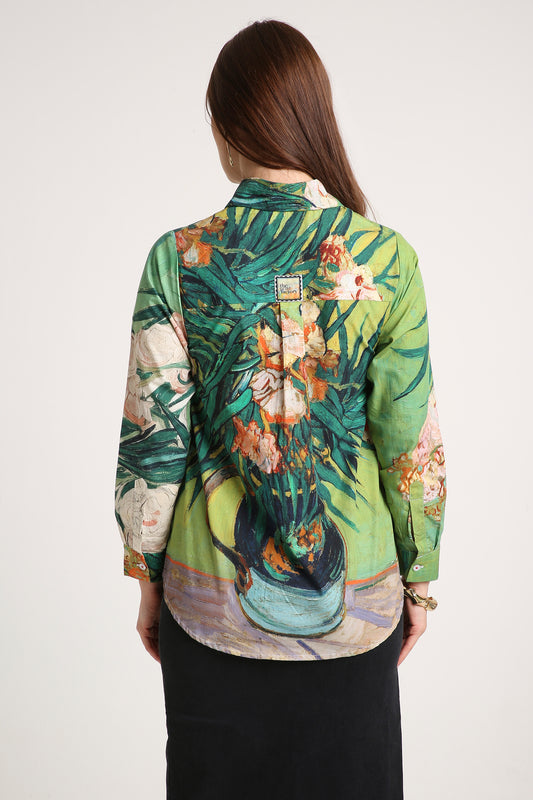 Emerald Bloom Shirt – women's green scenic print shirt, back view on model