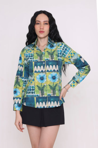 Azure Bloom Tie-Back Printed Shirt