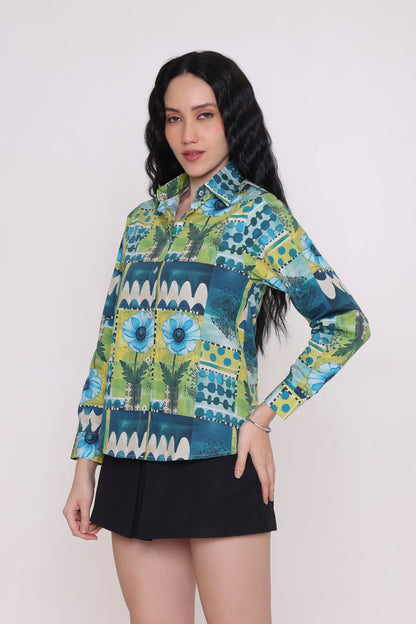 Azure Bloom Tie-Back Printed Shirt