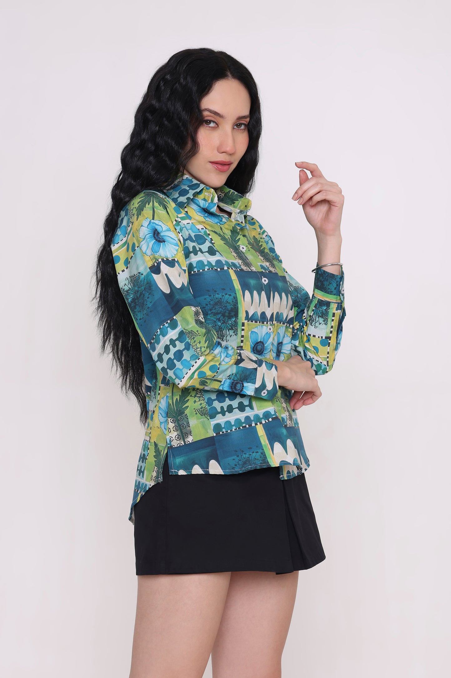 Azure Bloom Tie-Back Printed Shirt