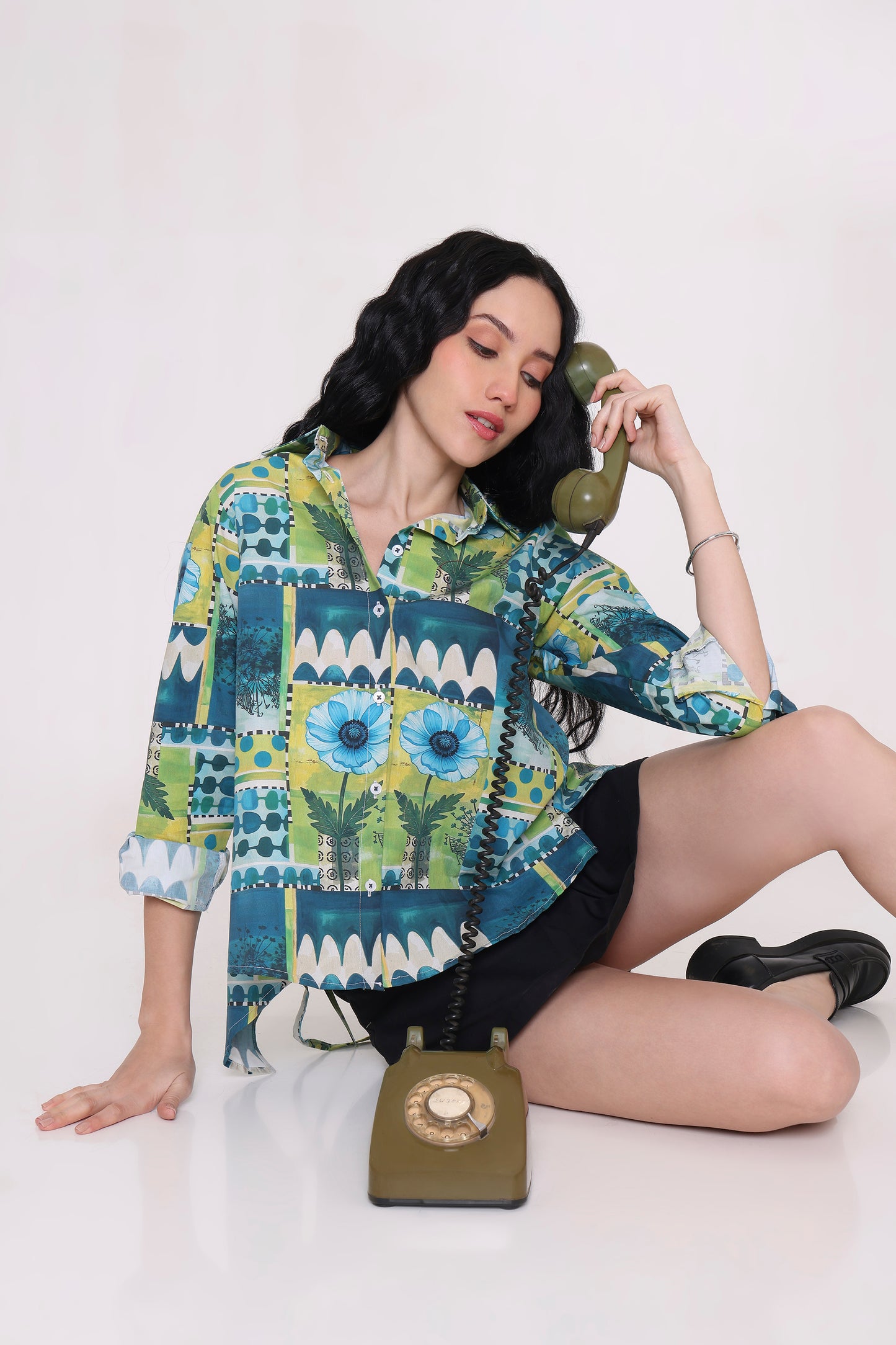 Azure Bloom Tie-Back Printed Shirt