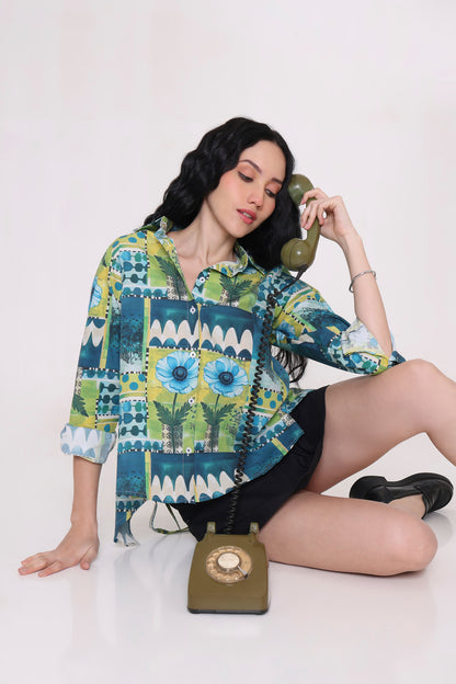 Azure Bloom Tie-Back Printed Shirt