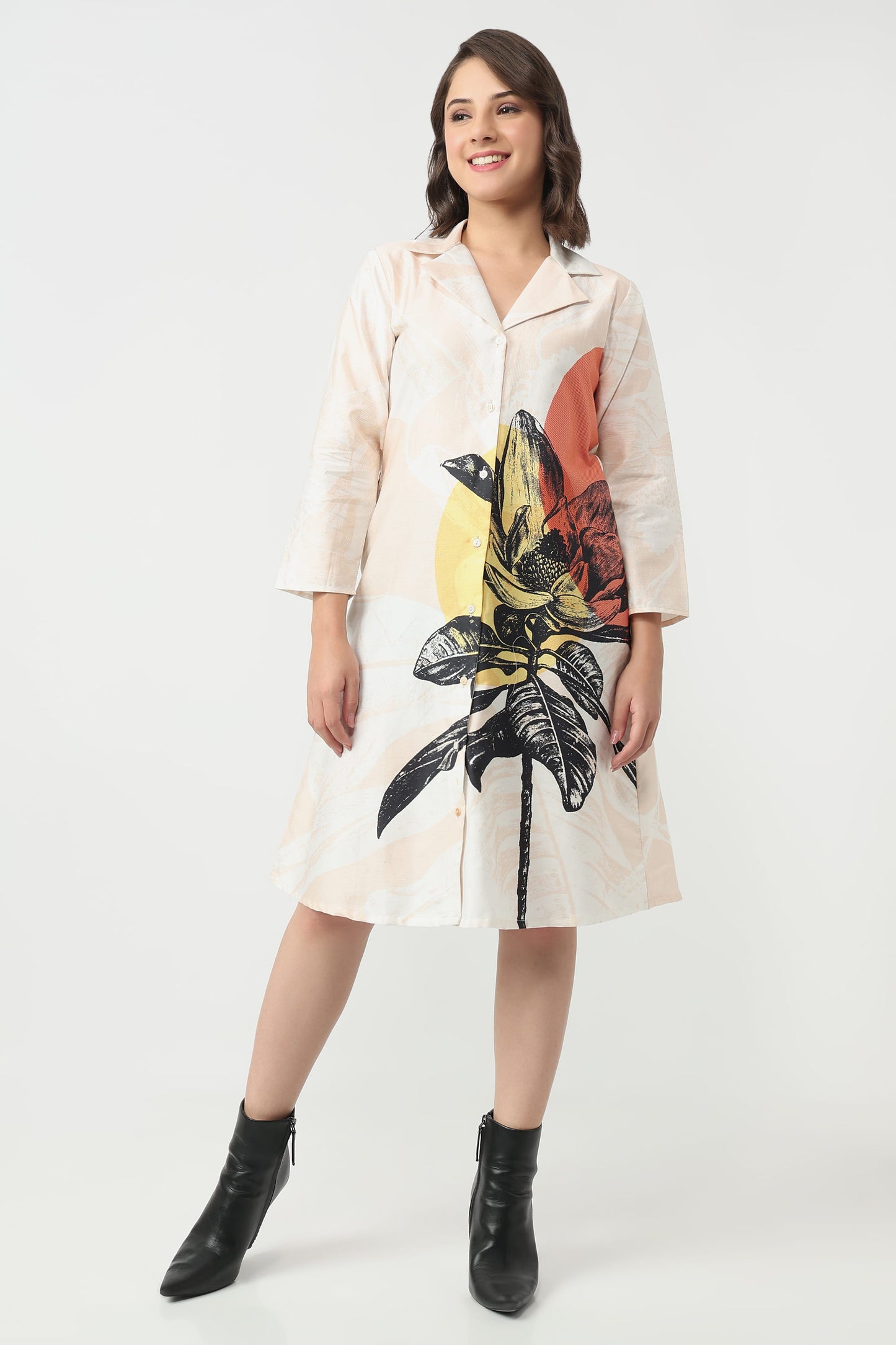 Blush Bloom organic cotton satin midi A-line dress for women with V-neck and floral print