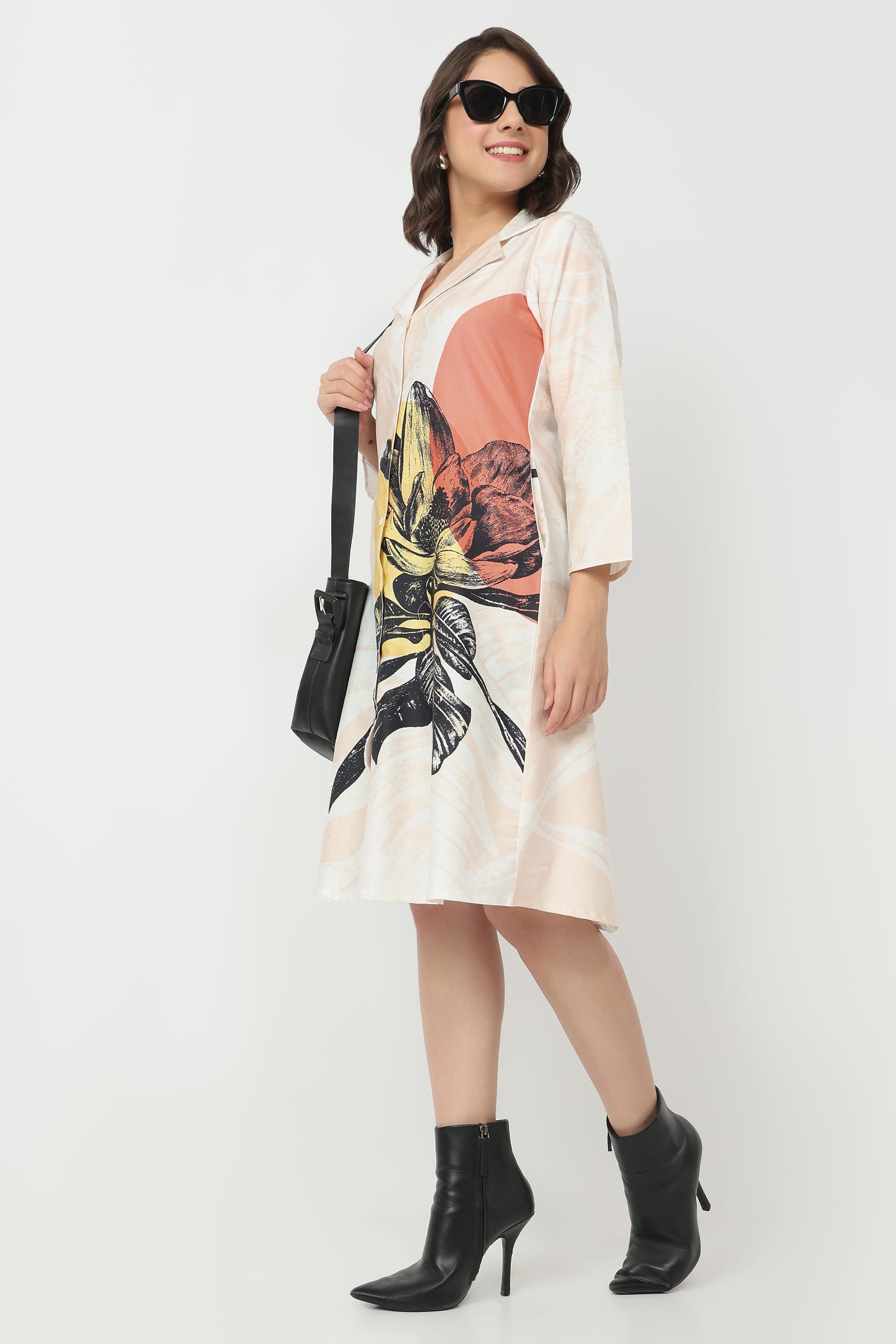 Blush Bloom organic cotton satin midi A-line dress for women with V-neck and floral print