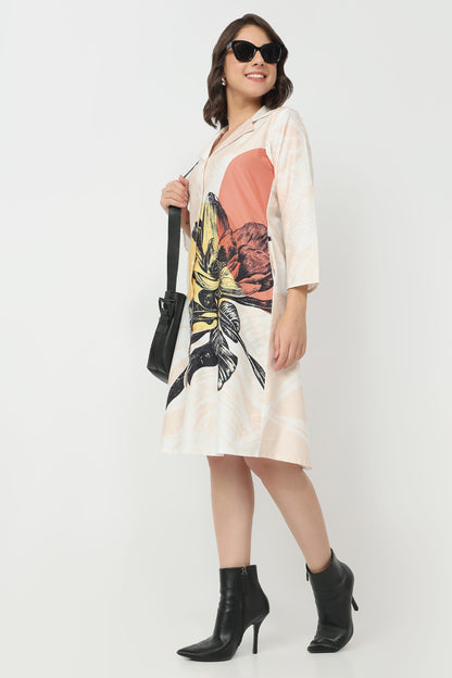 Blush Bloom organic cotton satin midi A-line dress for women with V-neck and floral print
