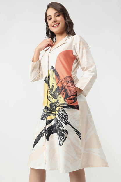 Blush Bloom organic cotton satin midi A-line dress for women with V-neck and floral print
