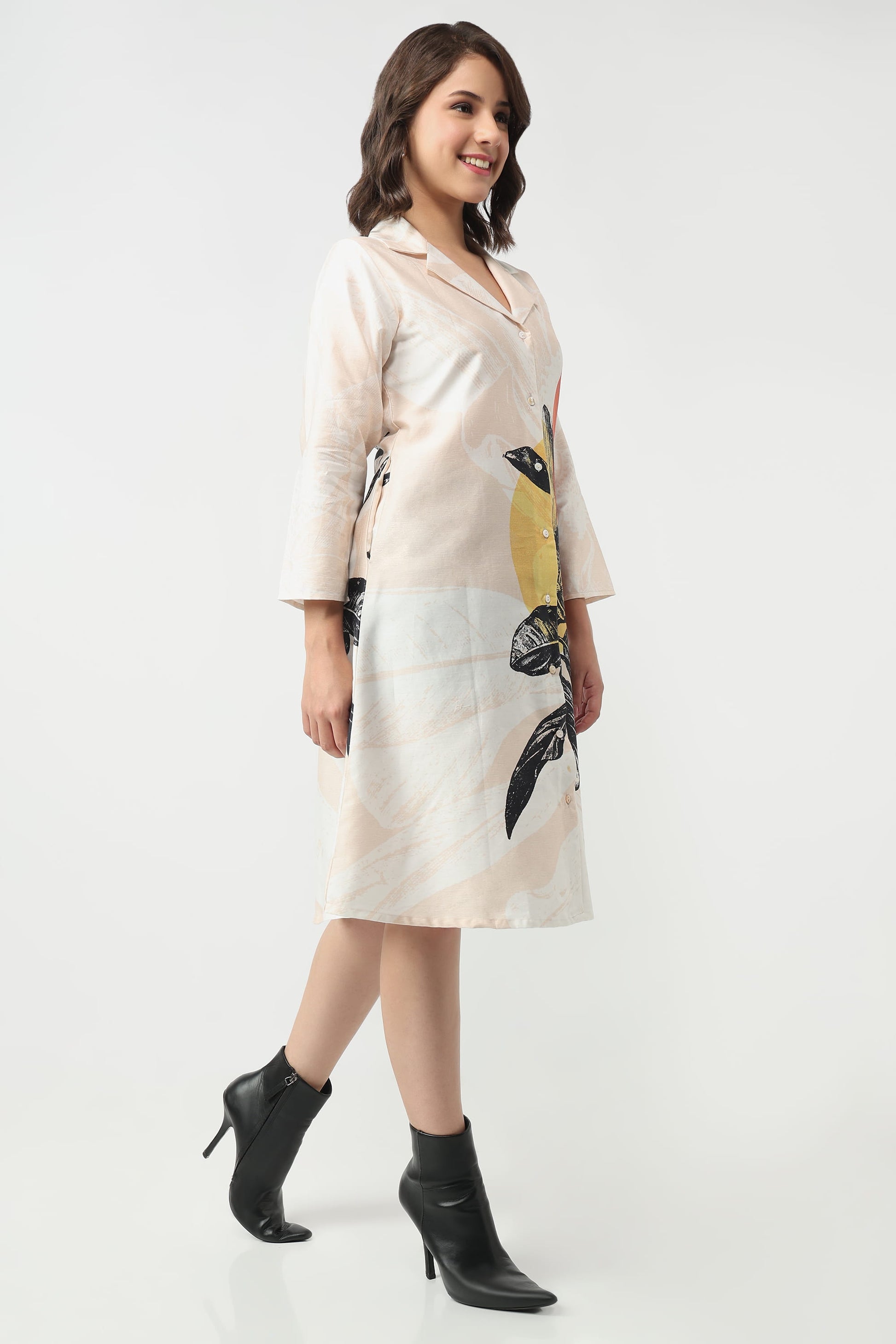 Blush Bloom organic cotton satin midi A-line dress for women with V-neck and floral print
