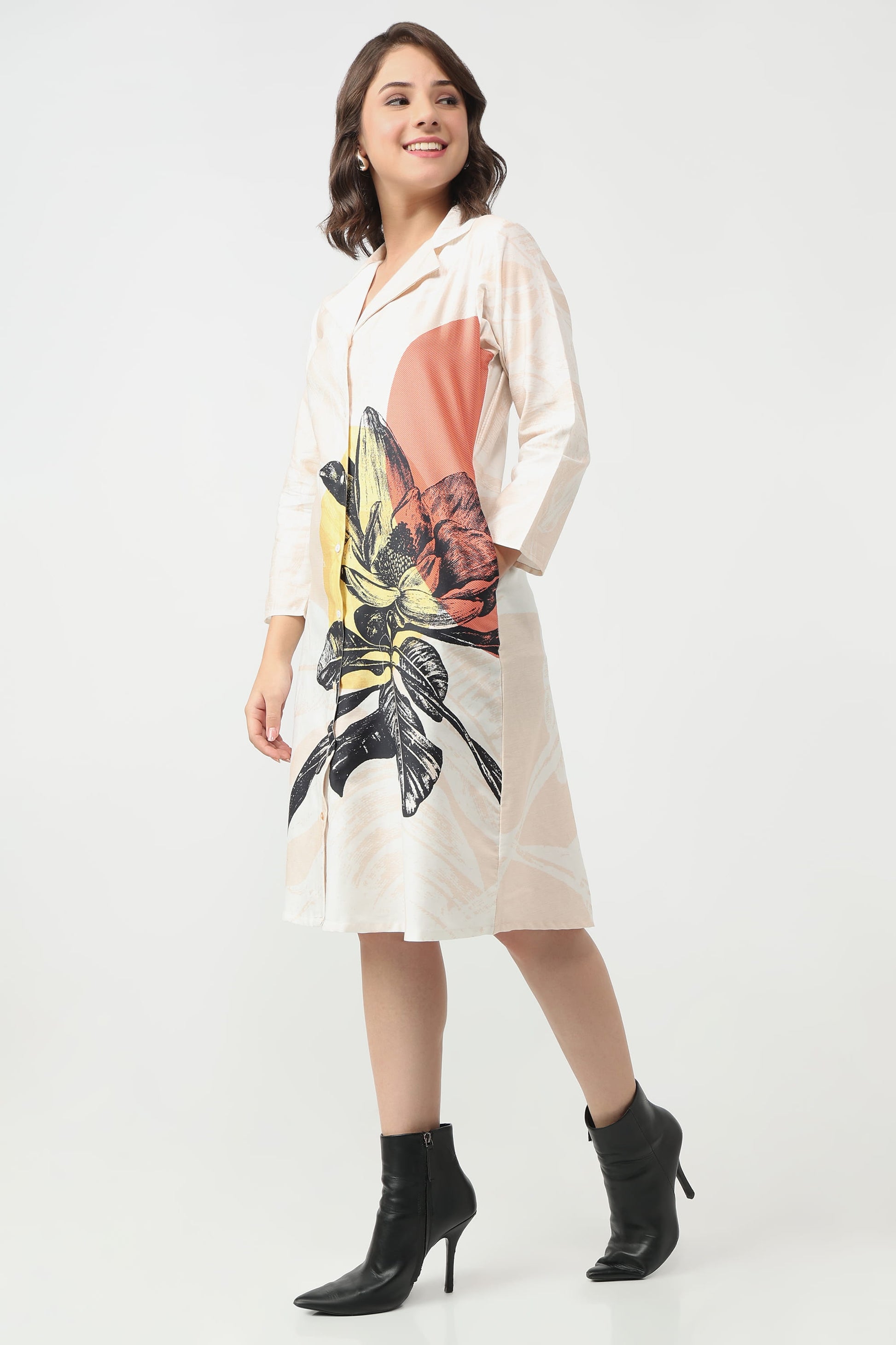 Blush Bloom organic cotton satin midi A-line dress for women with V-neck and floral print