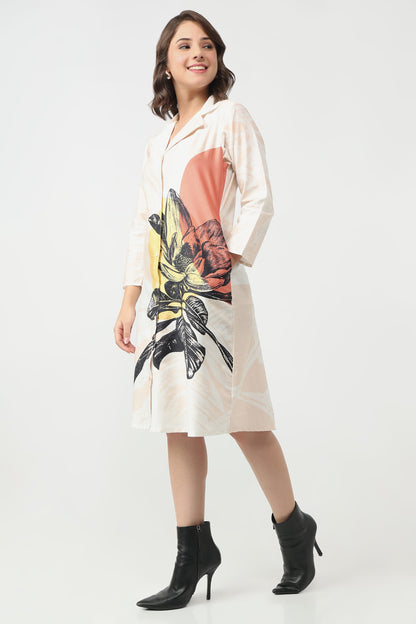 Blush Bloom organic cotton satin midi A-line dress for women with V-neck and floral print