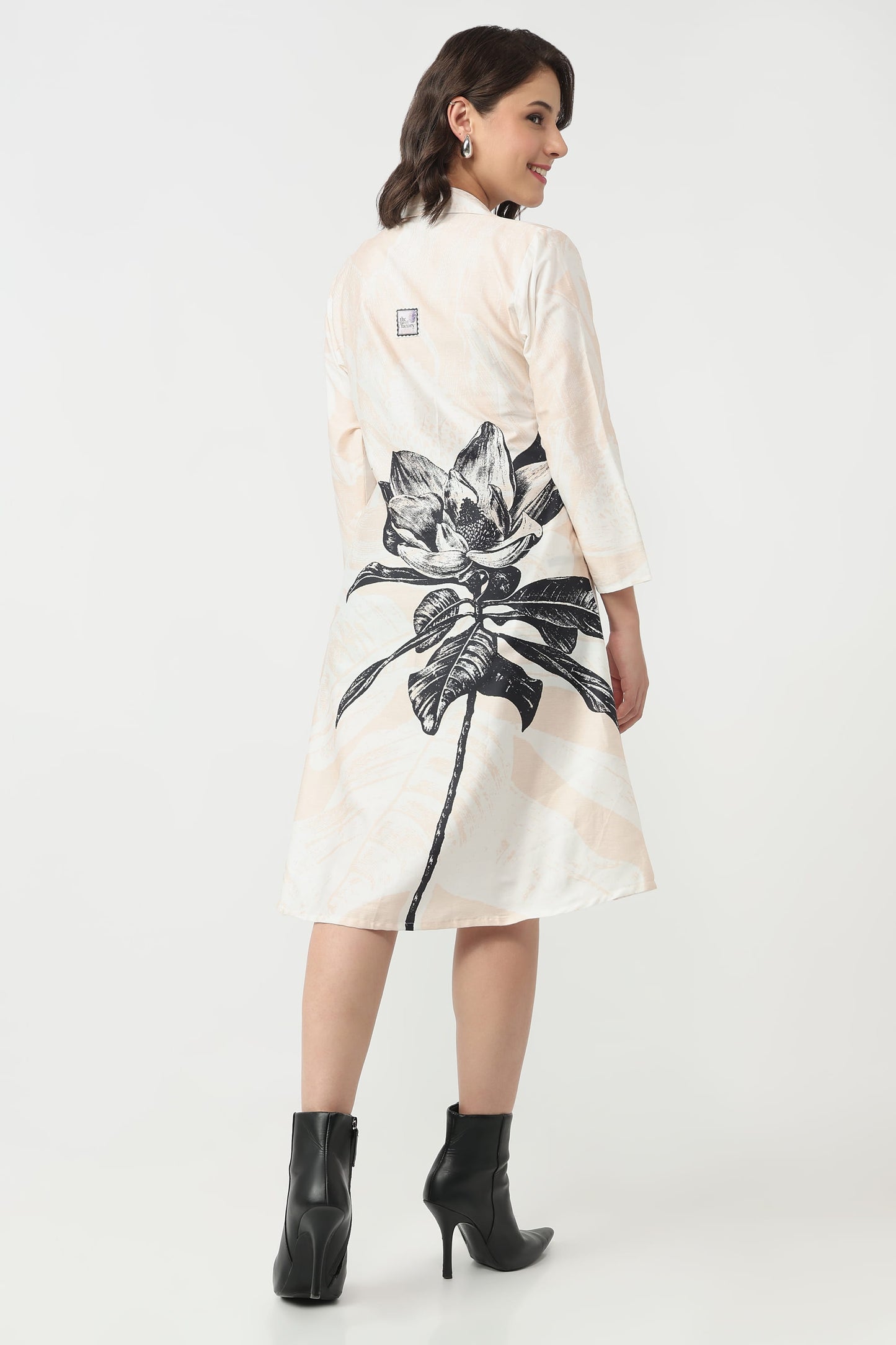 Blush Bloom organic cotton satin midi A-line dress for women with V-neck and floral print