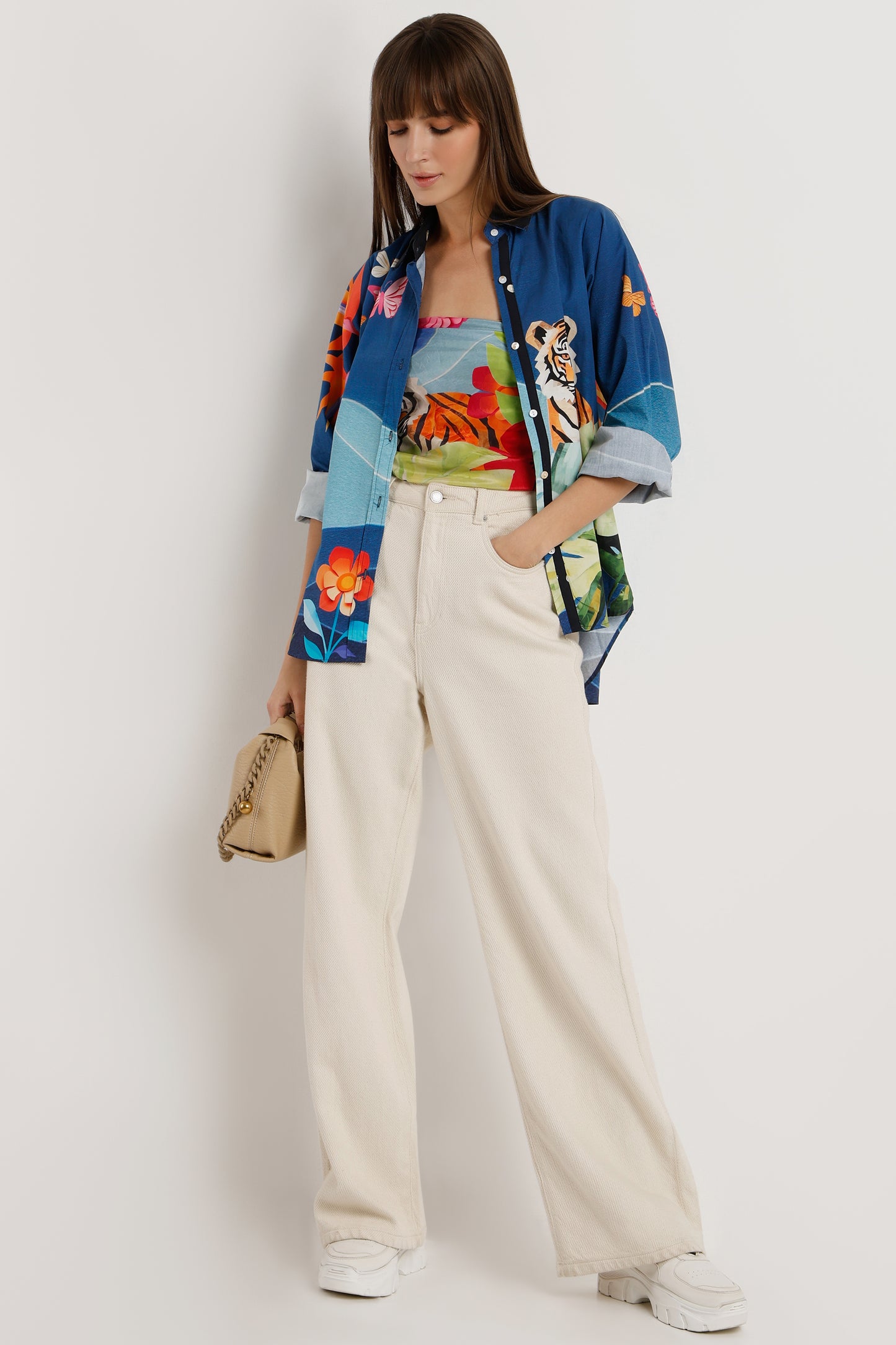 Tigers Garden printed cotton shirt with tiger and floral print for women