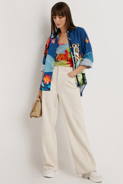 Tigers Garden printed cotton shirt with tiger and floral print for women